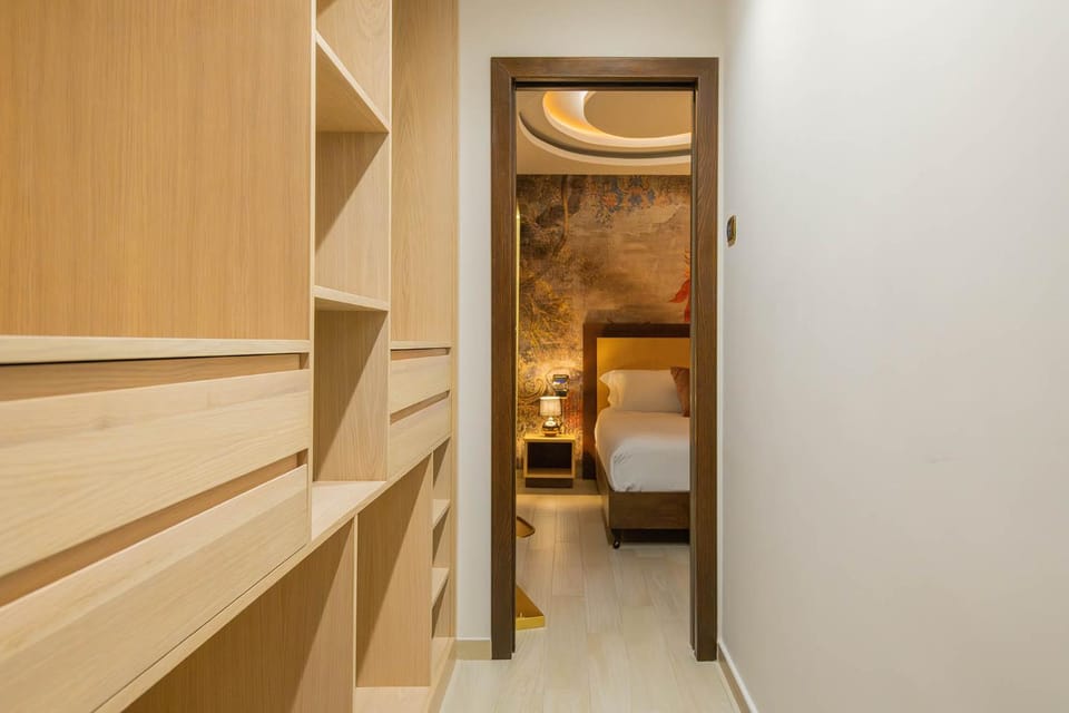 Bed, wardrobe