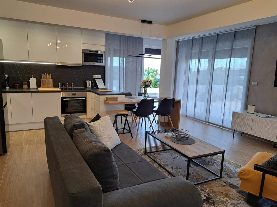Kitchen or kitchenette, Living room, Seating area, Dining area