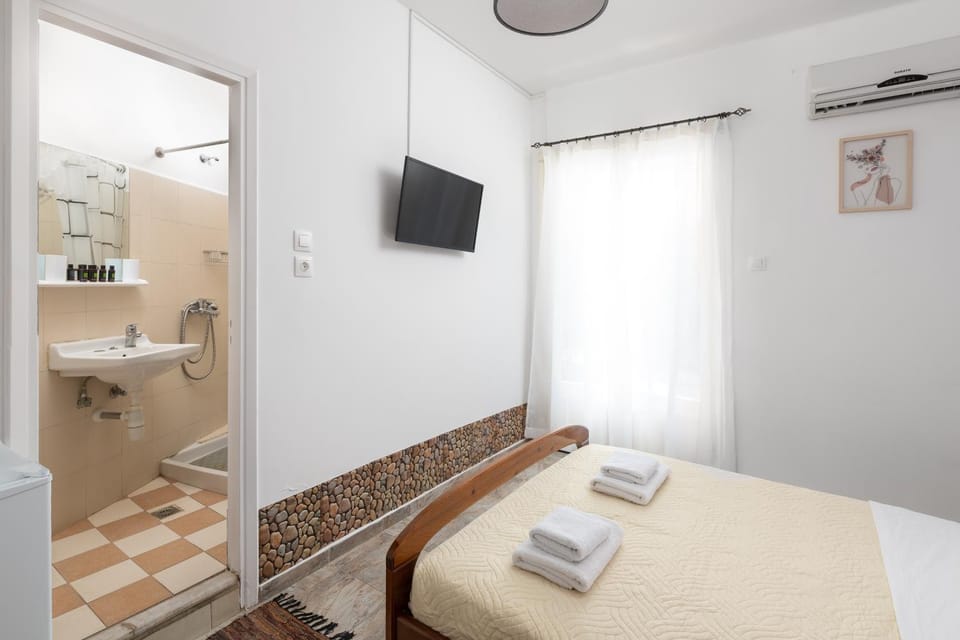 Shower, Bed, Bathroom, TV and multimedia, Photo of the whole room, Bedroom, towels, air conditioner