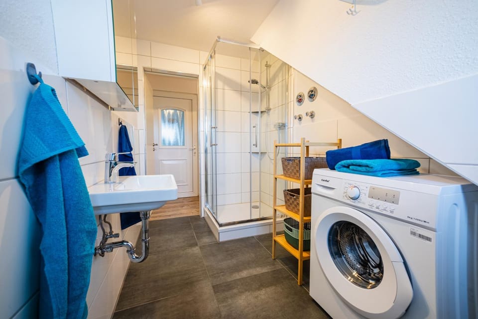 Shower, Bathroom, Photo of the whole room, hair dryier, towels, washing machine