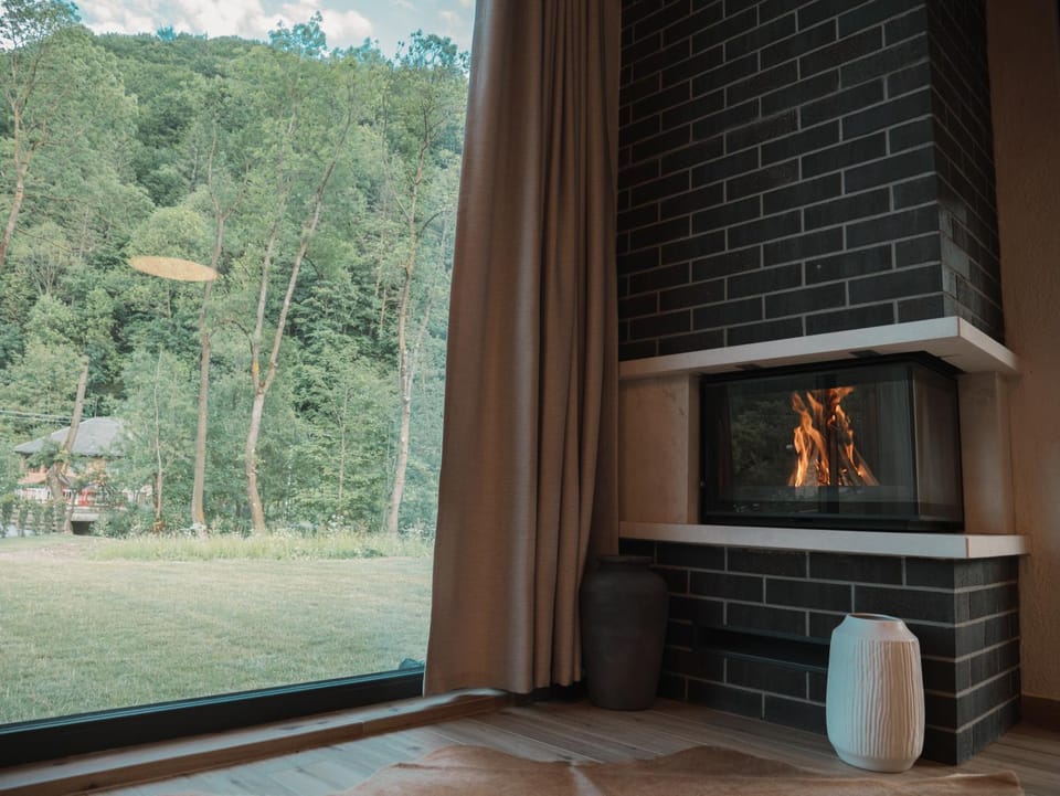 Day, Natural landscape, Living room, Mountain view, fireplace