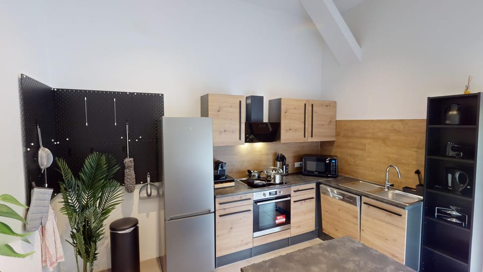 Kitchen or kitchenette, dishwasher, stove, toaster