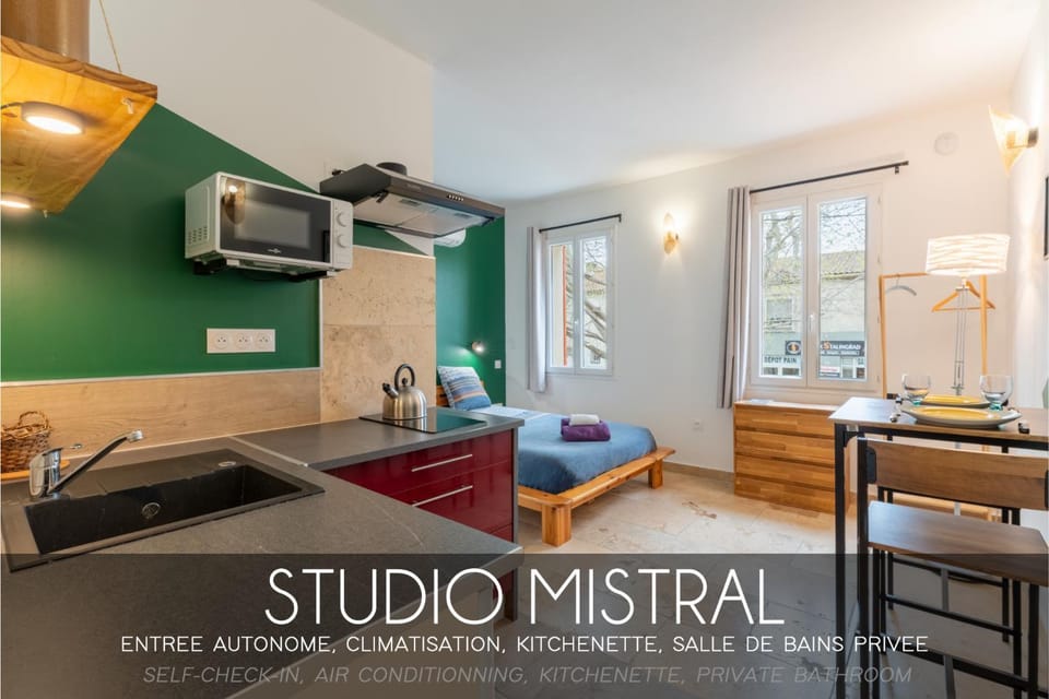 Coffee/tea facilities, Kitchen or kitchenette, Photo of the whole room, Dining area, Bedroom, microwave