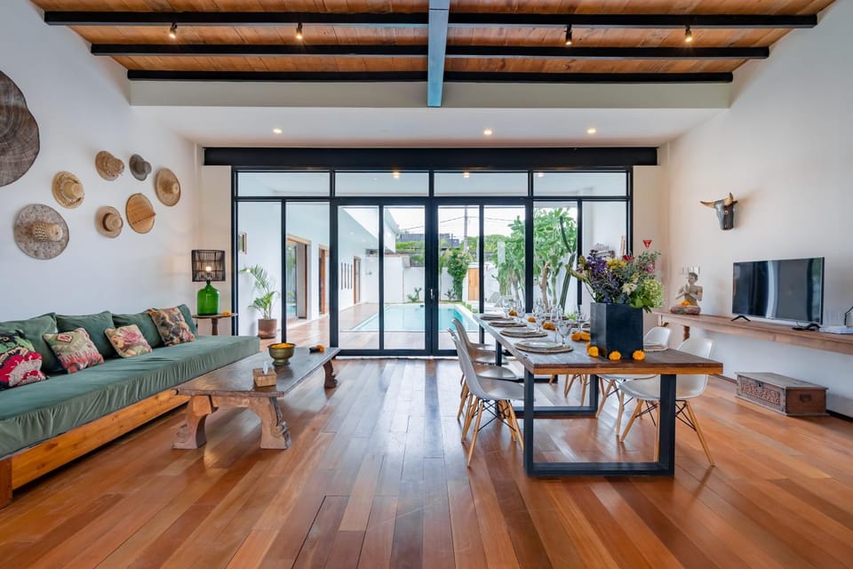 Living room, Seating area, Pool view