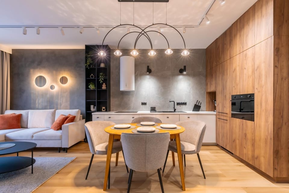 Kitchen or kitchenette, Living room, Seating area, Dining area