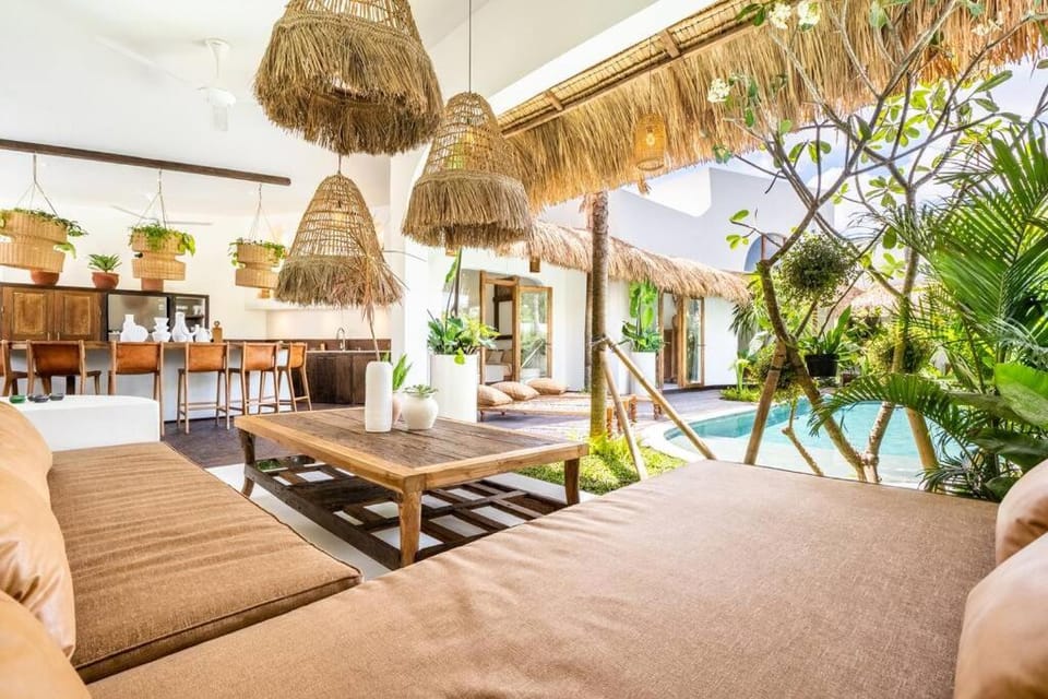 Living room, Seating area, Pool view