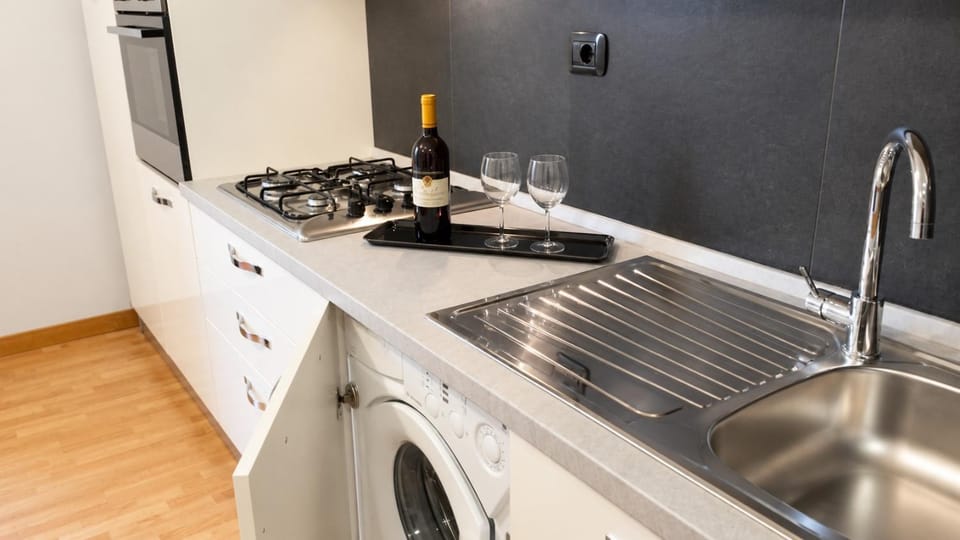 Kitchen or kitchenette, oven, stove, washing machine
