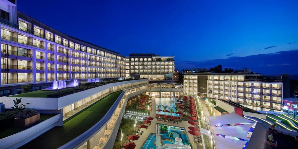 Property building, Night, Pool view, Swimming pool
