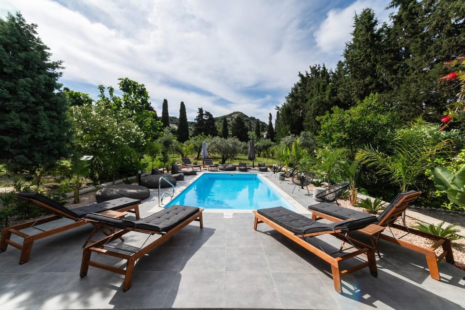 Natural landscape, Garden, Garden view, Pool view, Swimming pool, sunbed