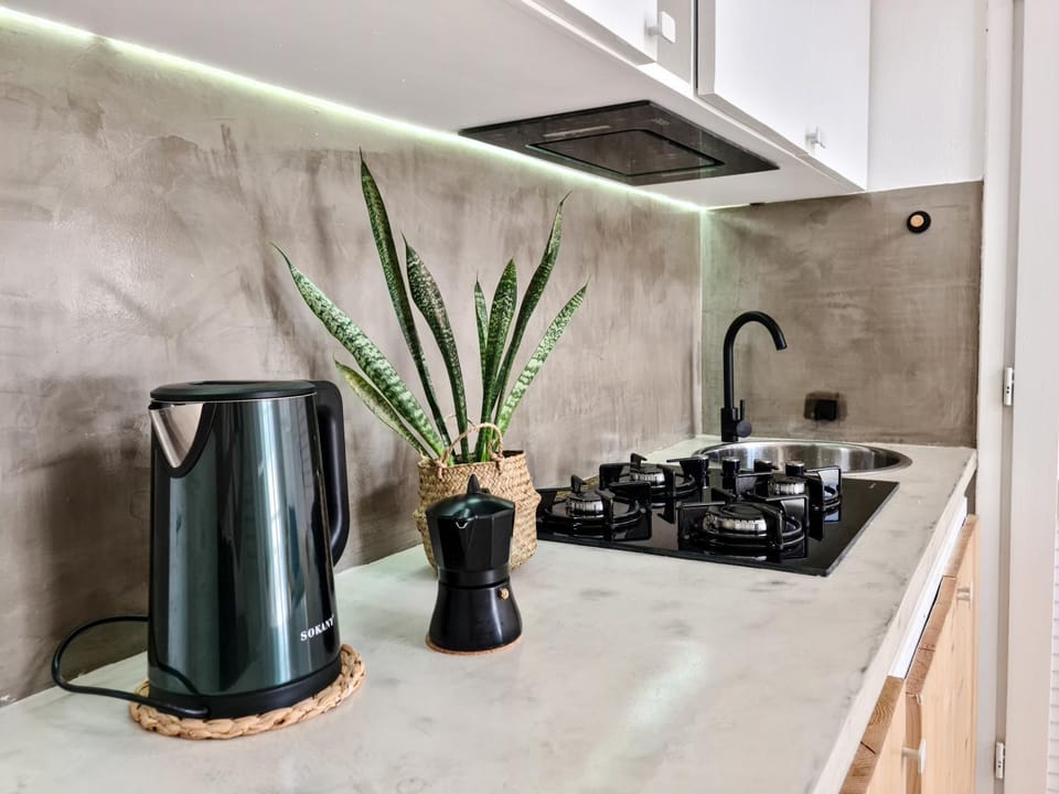 Kitchen or kitchenette, stove