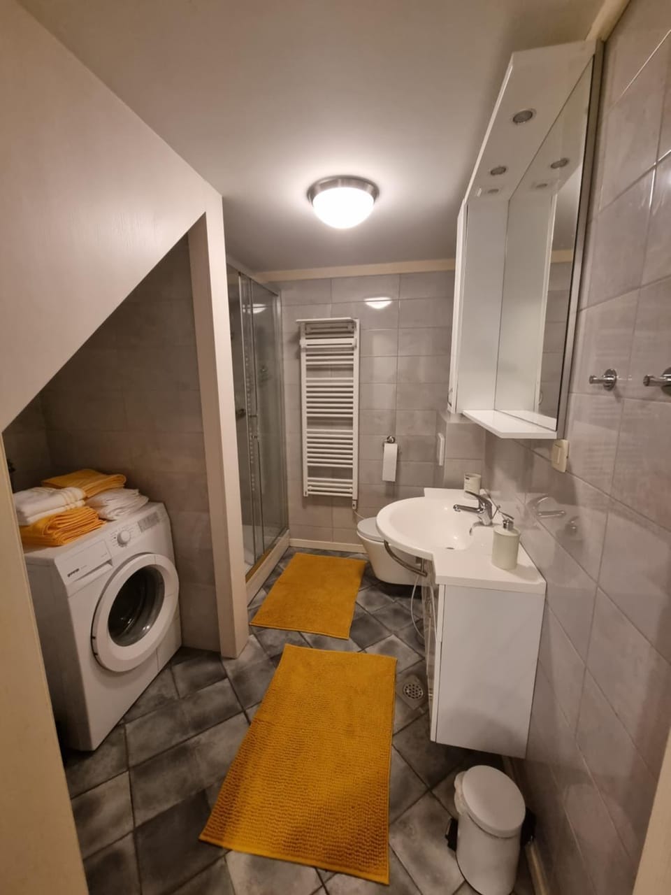 Shower, Toilet, Bathroom, towels, washing machine, dryer