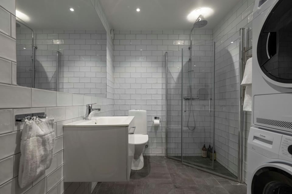 Shower, Toilet, Bathroom, towels, washing machine, dryer
