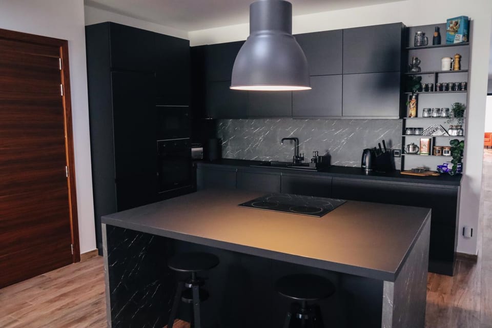 Kitchen or kitchenette, stove