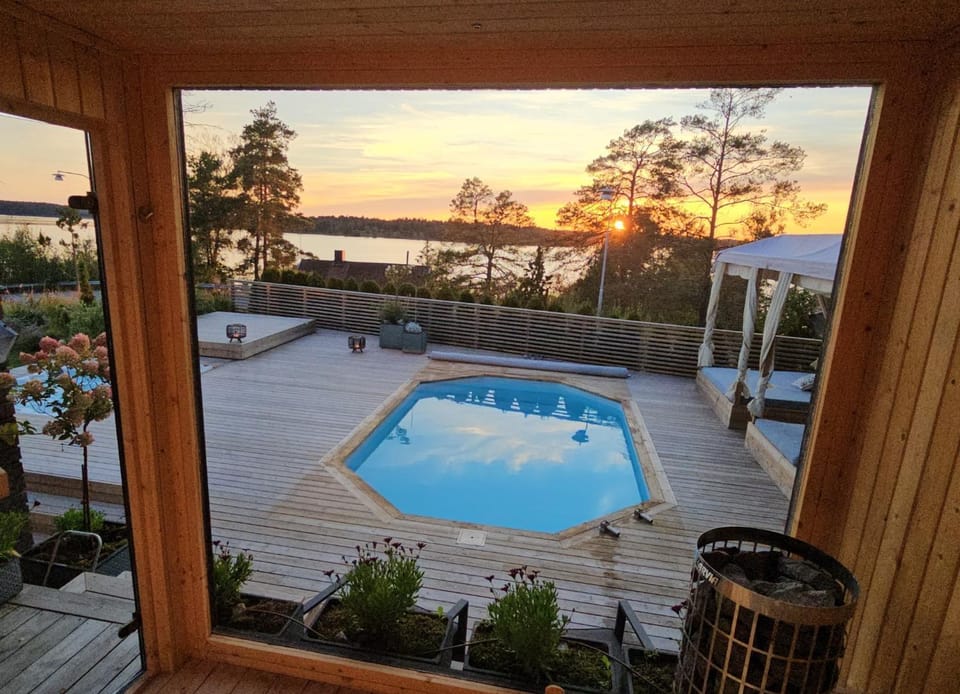 Patio, Natural landscape, Pool view, Swimming pool, Sunset, sunbed