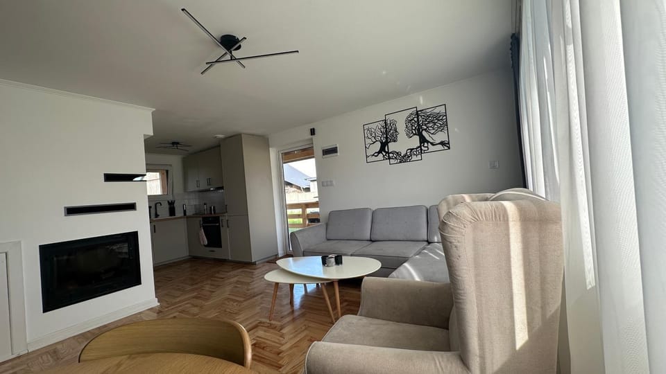 Kitchen or kitchenette, Living room, Dining area, fireplace