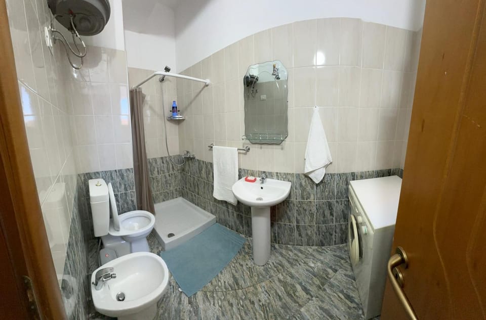 Shower, Toilet, bidet, towels
