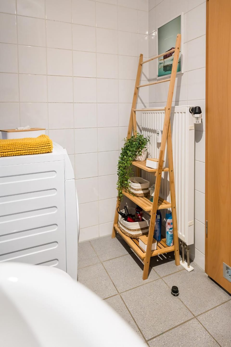 Bathroom, hair dryier, storage, washing machine