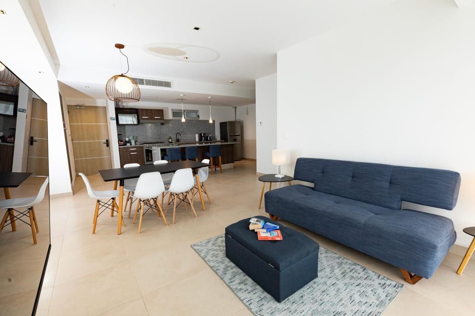 Living room, Dining area, microwave, stove, kitchen