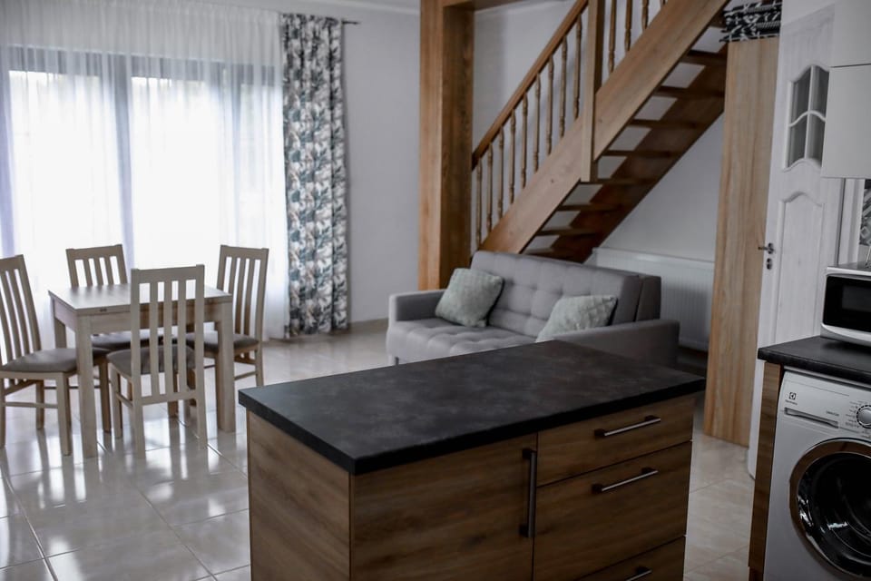 Kitchen or kitchenette, Living room, Seating area, Dining area