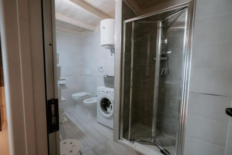 Shower, Toilet, Bathroom, bidet, towels, washing machine