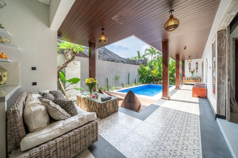 Patio, Living room, Seating area, Pool view, Swimming pool