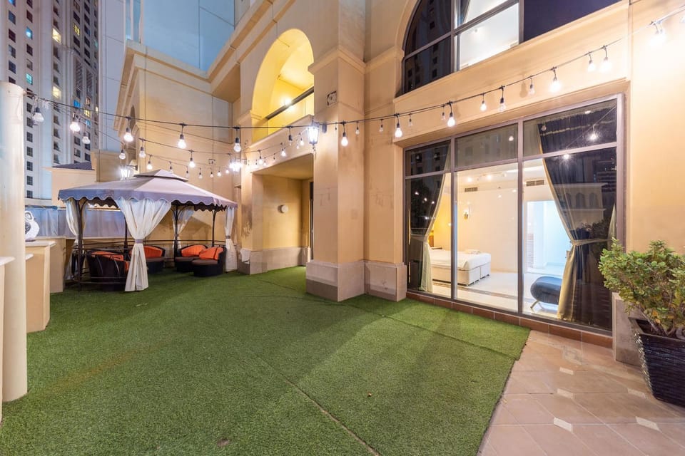 Property building, Patio, Night, Seating area