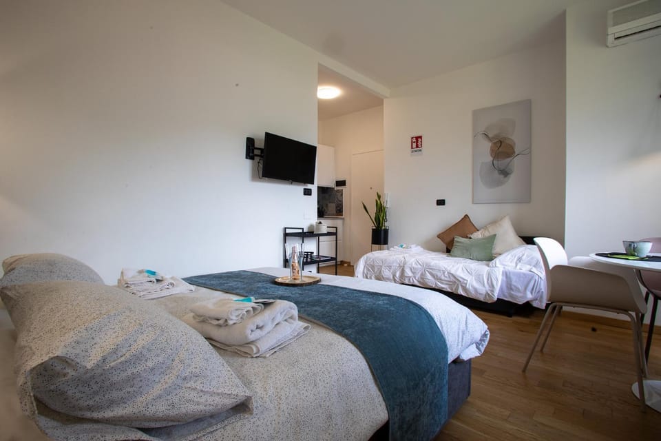 Bed, TV and multimedia, Living room, Photo of the whole room, Seating area, Bedroom, towels, air conditioner