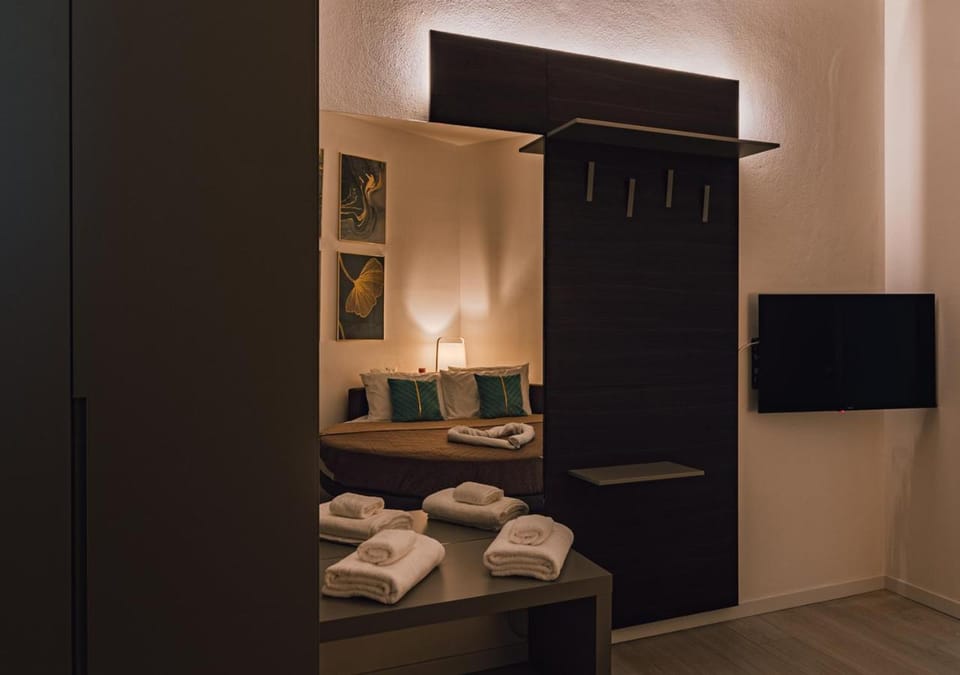 Bed, TV and multimedia, Decorative detail, Bedroom, towels, wardrobe, air conditioner