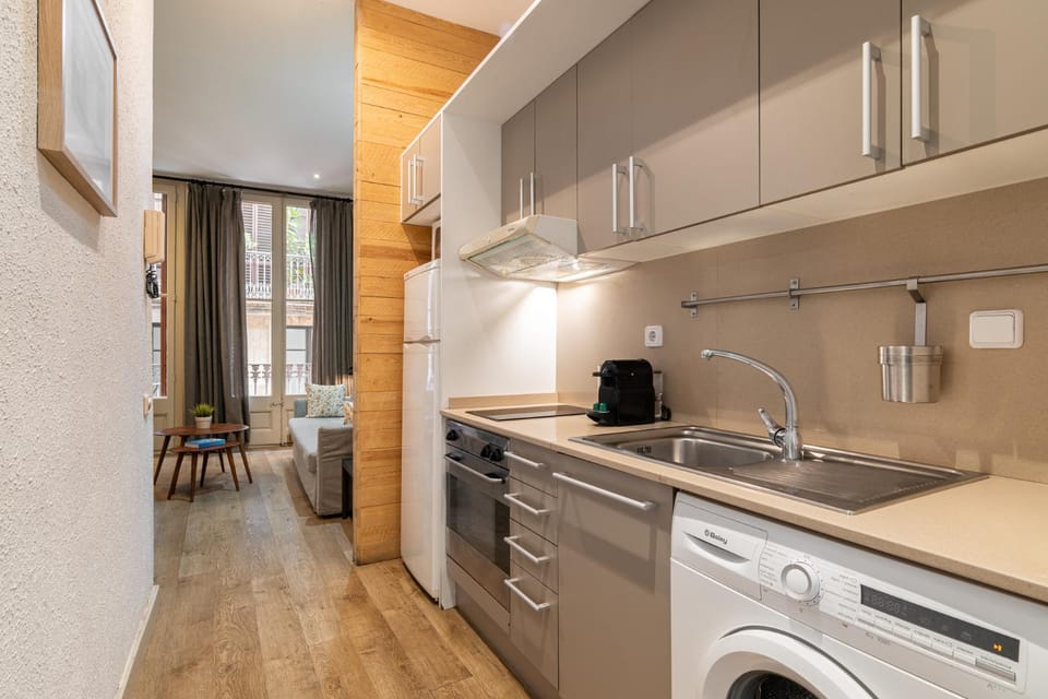 Kitchen or kitchenette, dishwasher, stove, washing machine, dryer