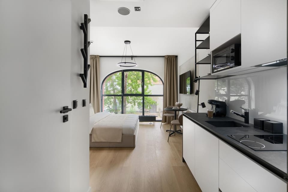 Bed, TV and multimedia, Kitchen or kitchenette, Living room, Photo of the whole room, Seating area, Dining area, Bedroom, stove