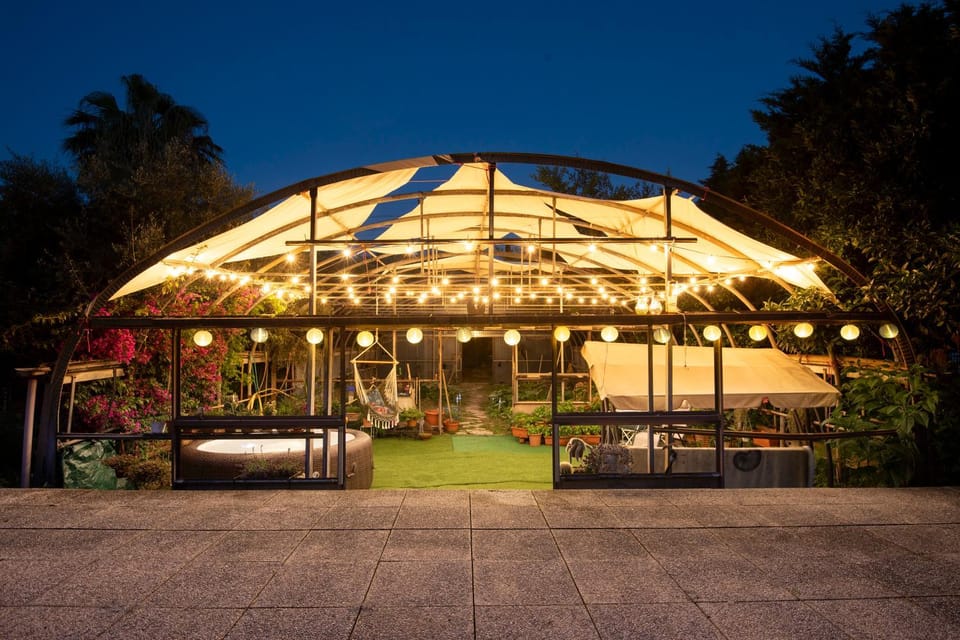 Property building, Patio, Night, Garden, Garden view