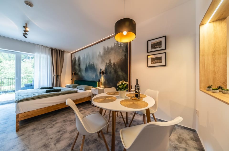 Bed, Living room, Seating area