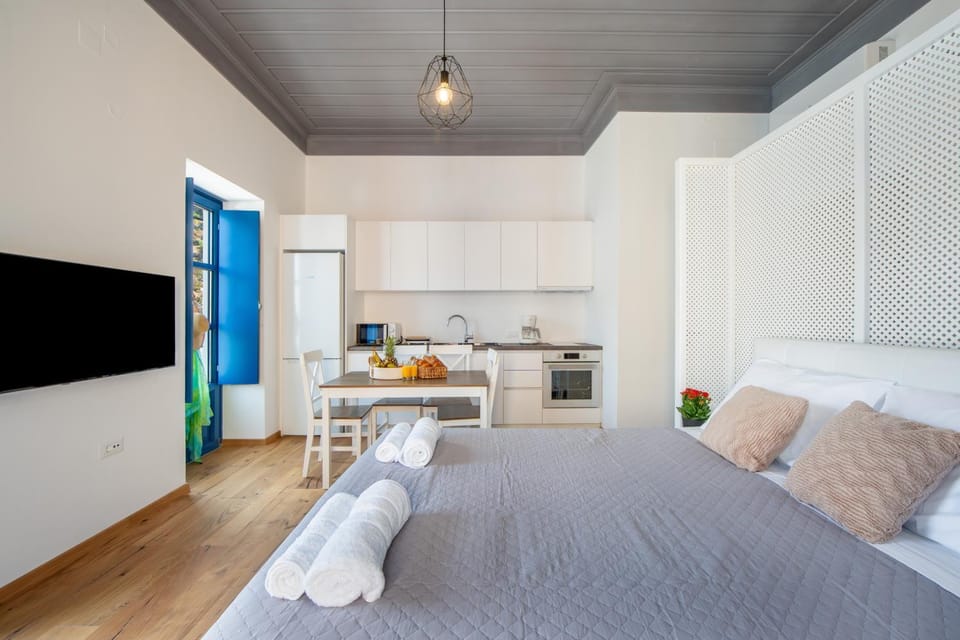 Bed, TV and multimedia, Kitchen or kitchenette, Photo of the whole room, Dining area, Bedroom, stove, towels