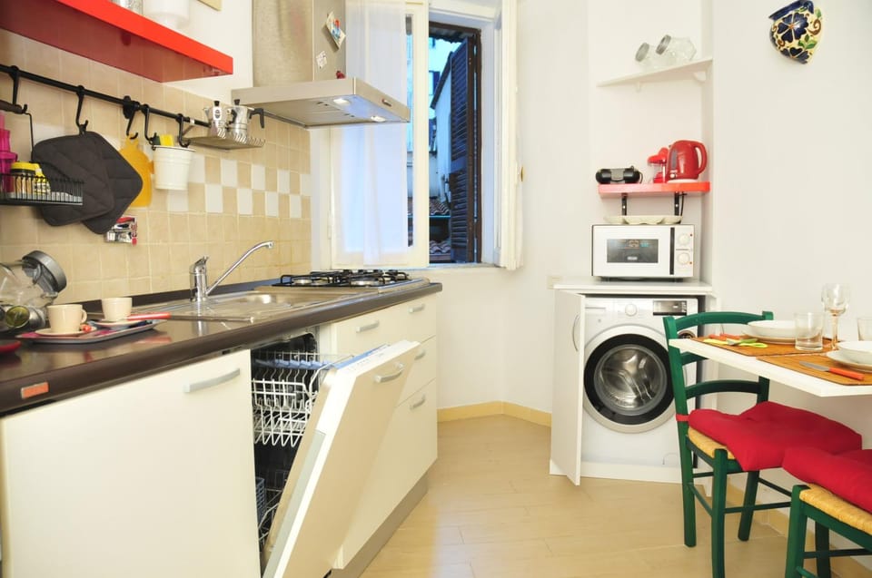 Kitchen or kitchenette, dishwasher, oven, stove, toaster, washing machine