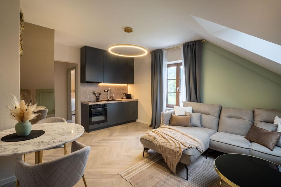 Kitchen or kitchenette, Living room, Seating area, Dining area, stove