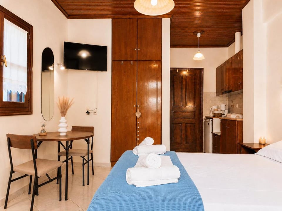 Bed, TV and multimedia, Kitchen or kitchenette, Photo of the whole room, Dining area, Bedroom, towels, wardrobe