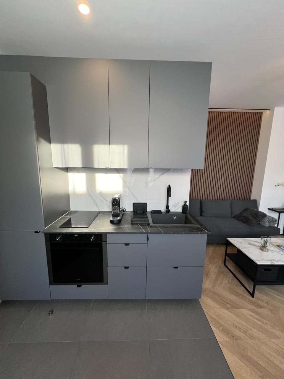 Kitchen or kitchenette, stove