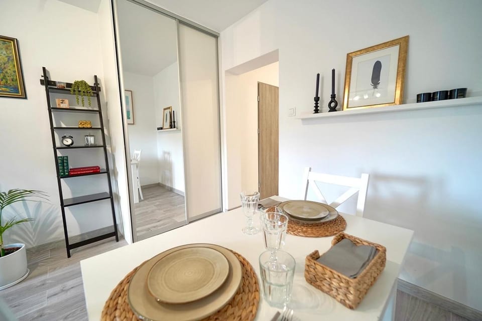 Dining area, flat iron, wardrobe, dryer