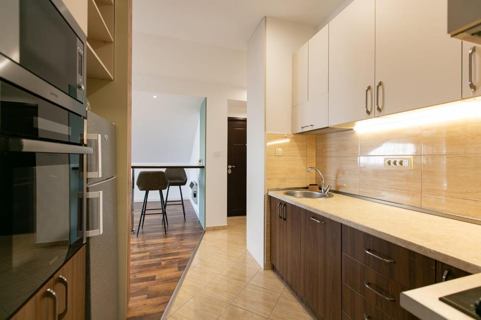 Kitchen or kitchenette, dishwasher, oven, stove
