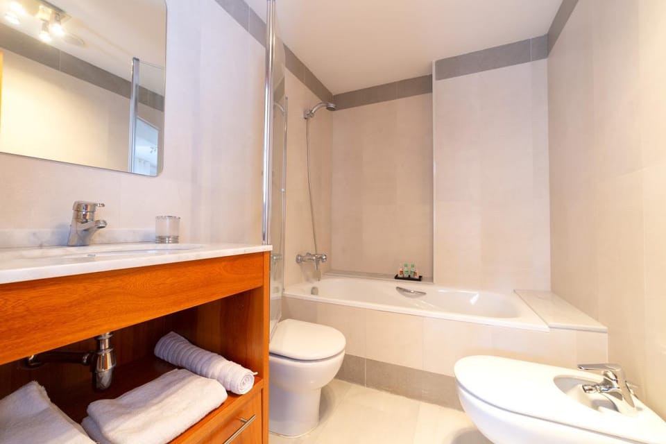 Bathroom, Bath, bidet, hair dryier, towels