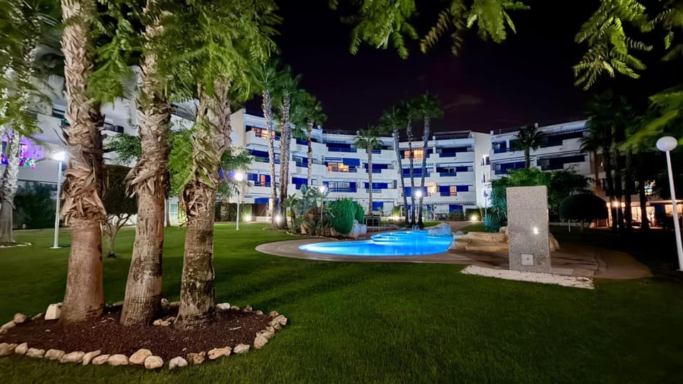 Property building, Night, Swimming pool