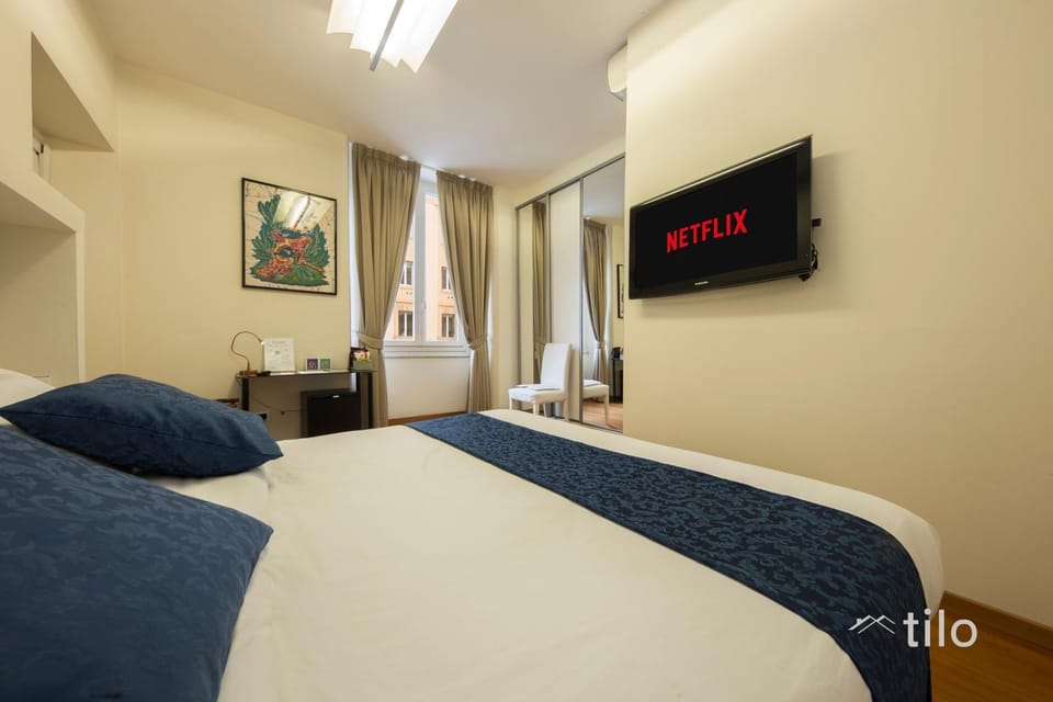 Bed, TV and multimedia, Bedroom, Text overlay