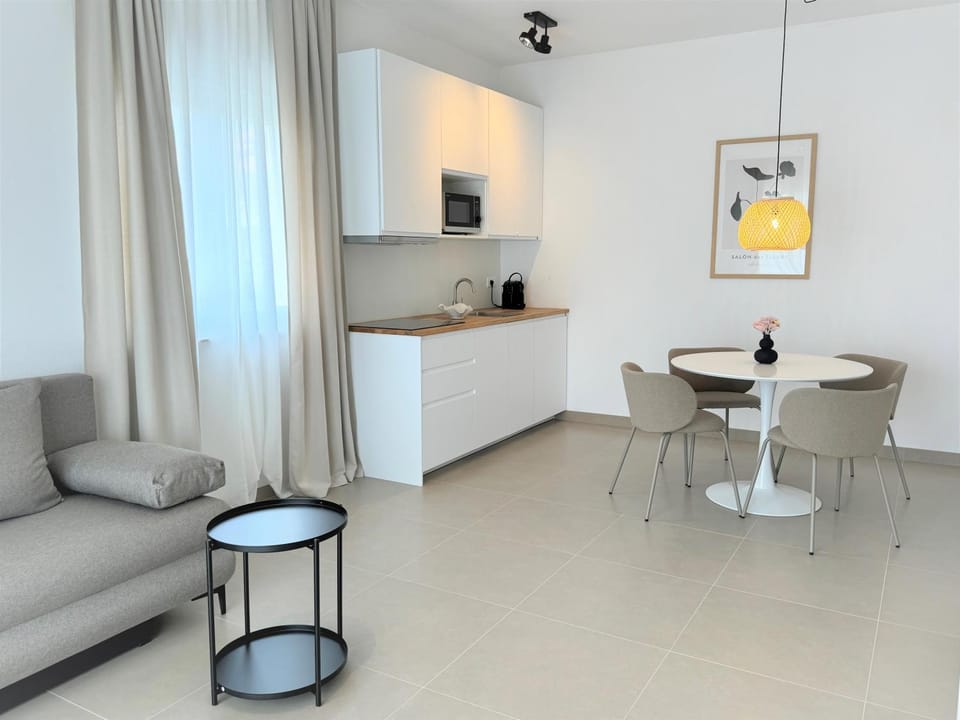 Kitchen or kitchenette, Living room, Seating area, Dining area, stove
