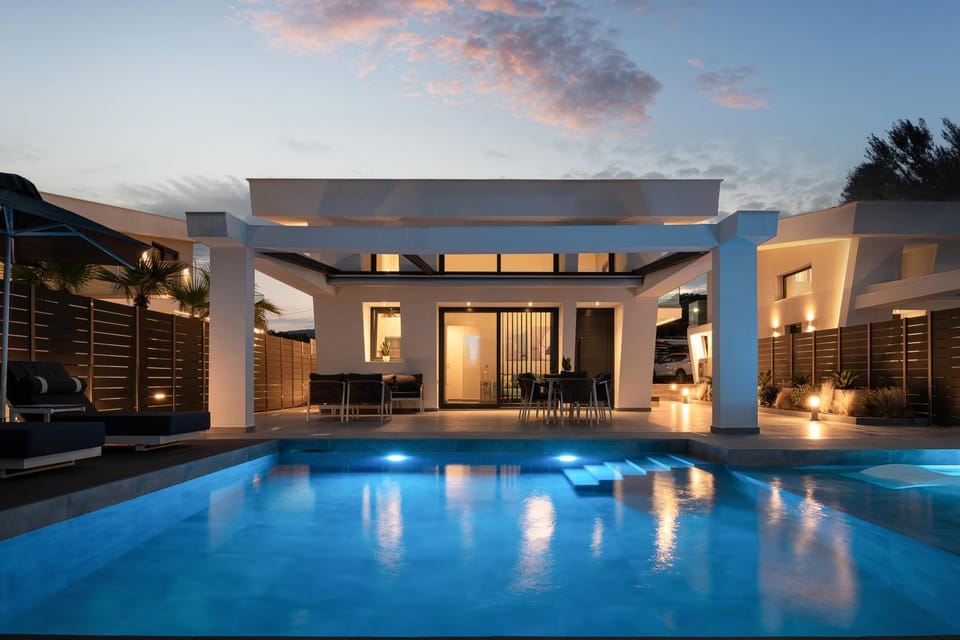 Property building, Night, Swimming pool