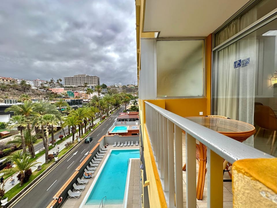View (from property/room), Balcony/Terrace, Pool view, Swimming pool, sunbed