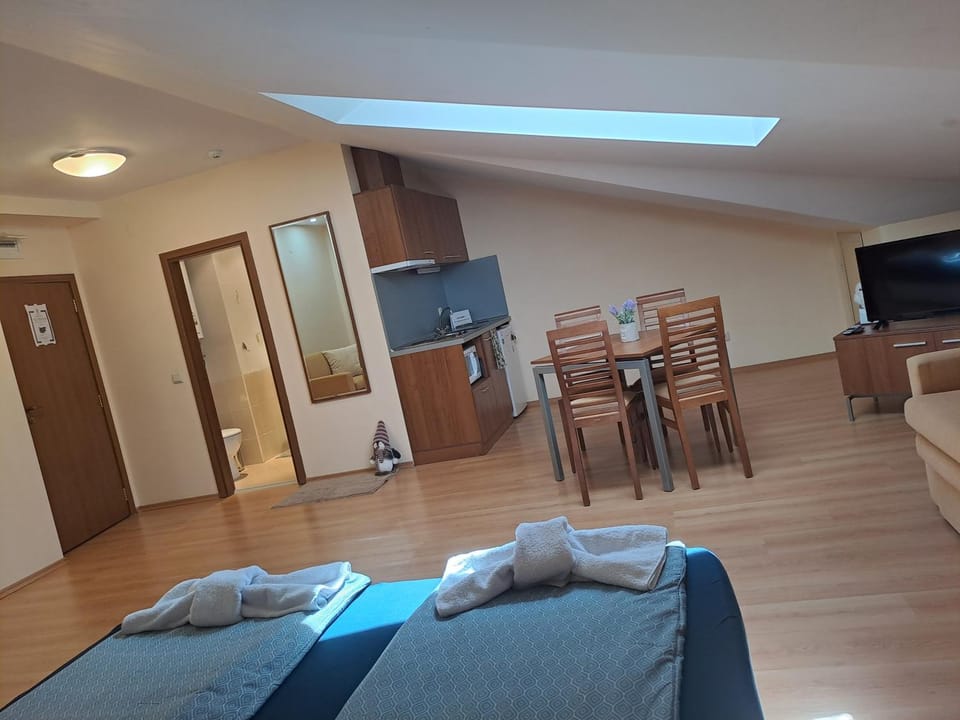 Communal lounge/ TV room, Bed, TV and multimedia, Kitchen or kitchenette, Living room, Photo of the whole room, Seating area, Dining area, Bedroom