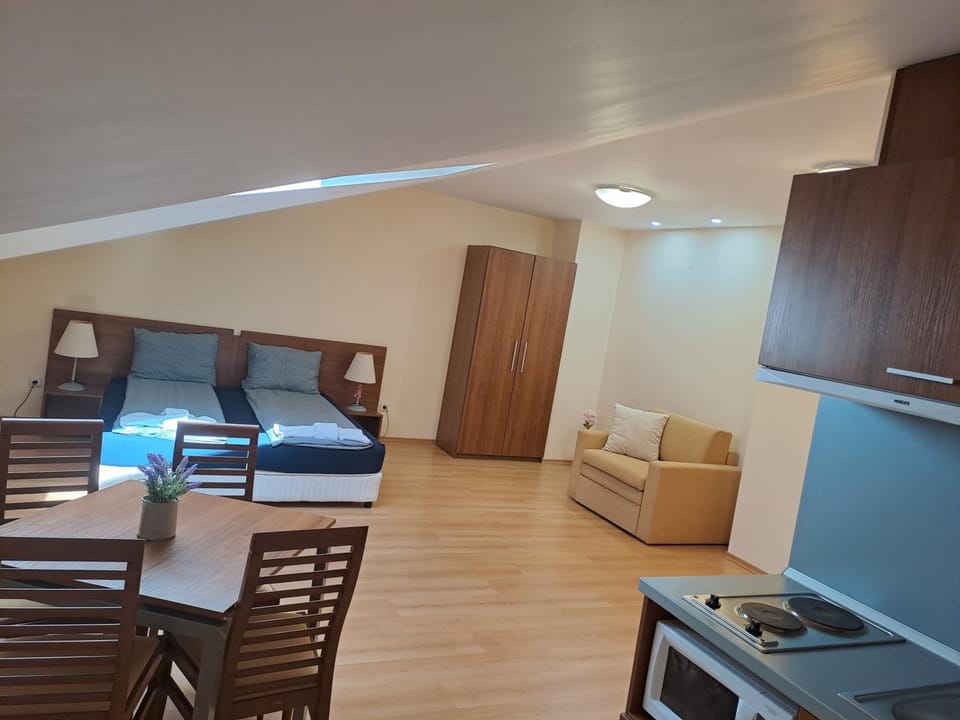 Bed, Kitchen or kitchenette, Photo of the whole room, Seating area, Bedroom, stove, wardrobe