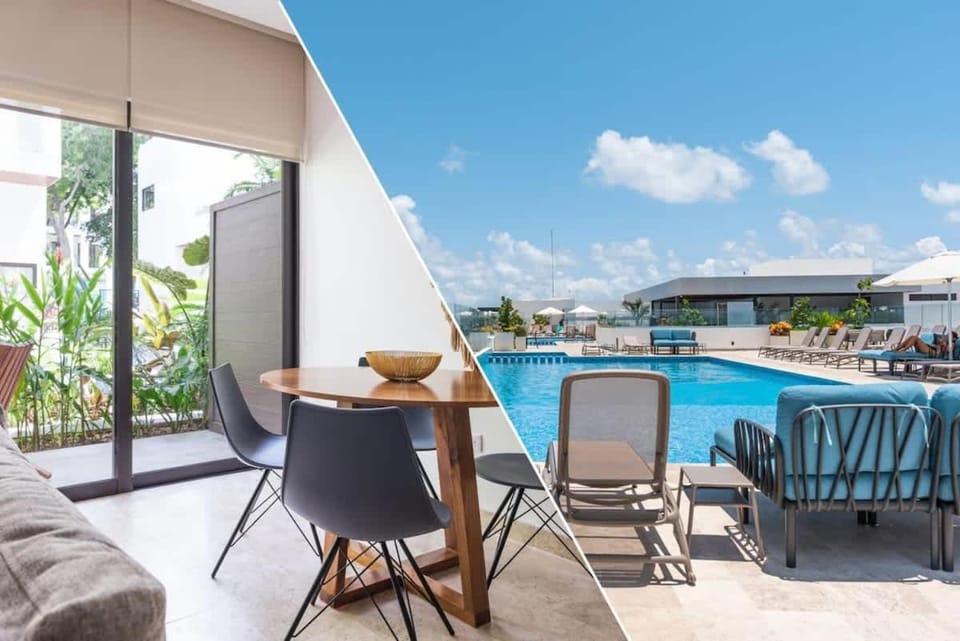 Patio, View (from property/room), Balcony/Terrace, Living room, Seating area, Dining area, Pool view, Swimming pool, sunbed