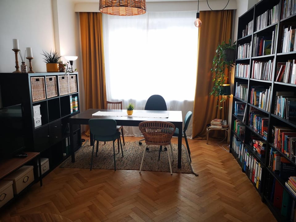 Library, Living room, Seating area, Dining area
