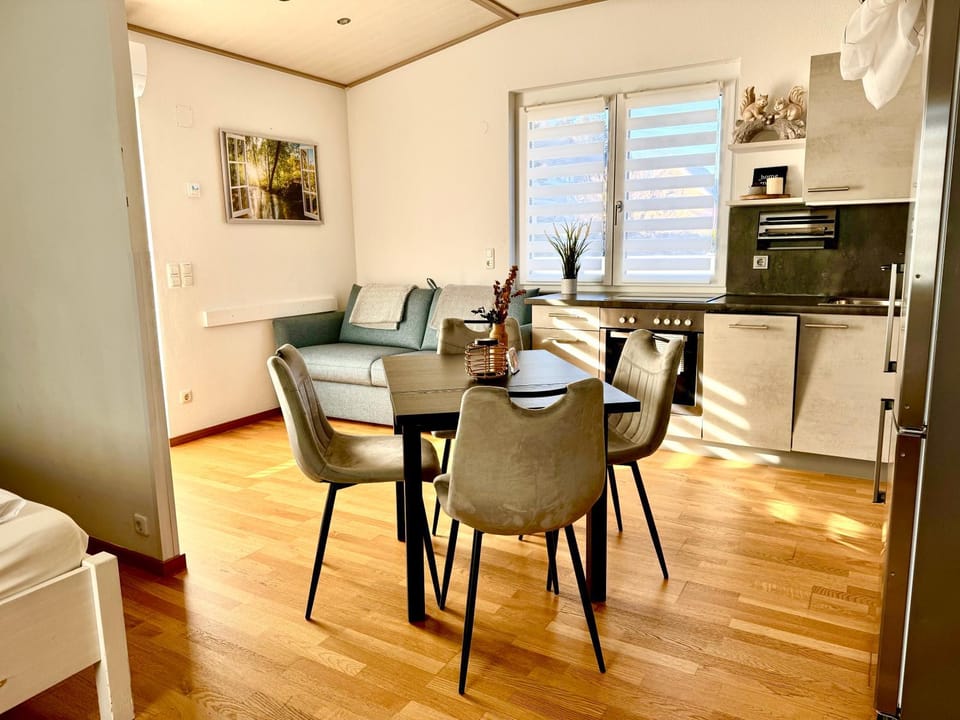 Kitchen or kitchenette, Living room, Seating area, Dining area